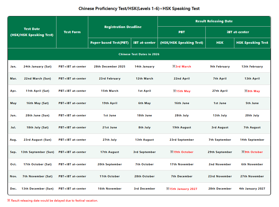 HSK test dates 2026